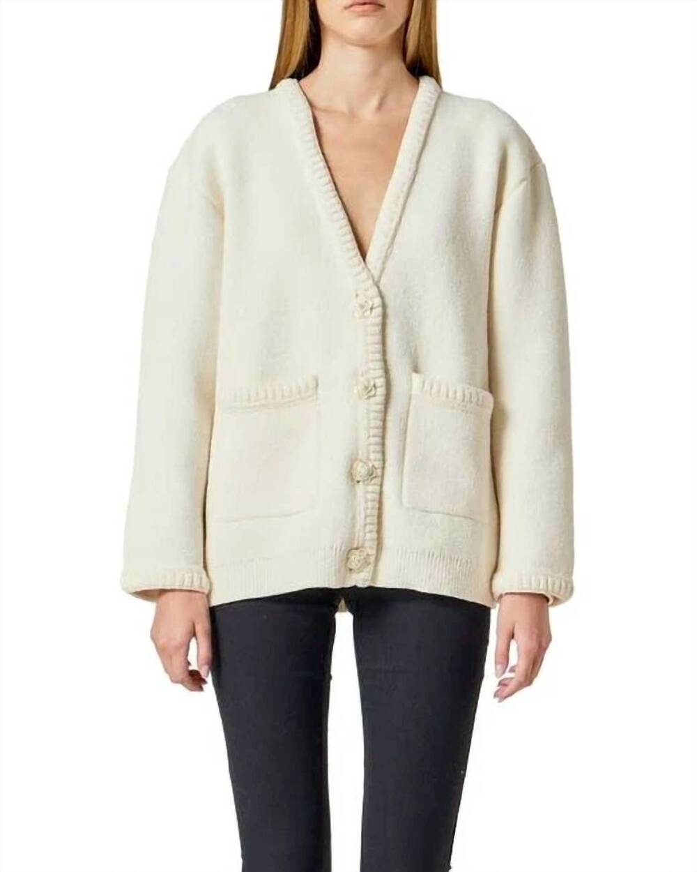 NEW ENDLESS ROSE women's floral button v-neck cardigan in cream